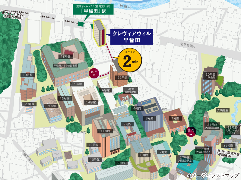 早稲田キャンパスまで徒歩2分。